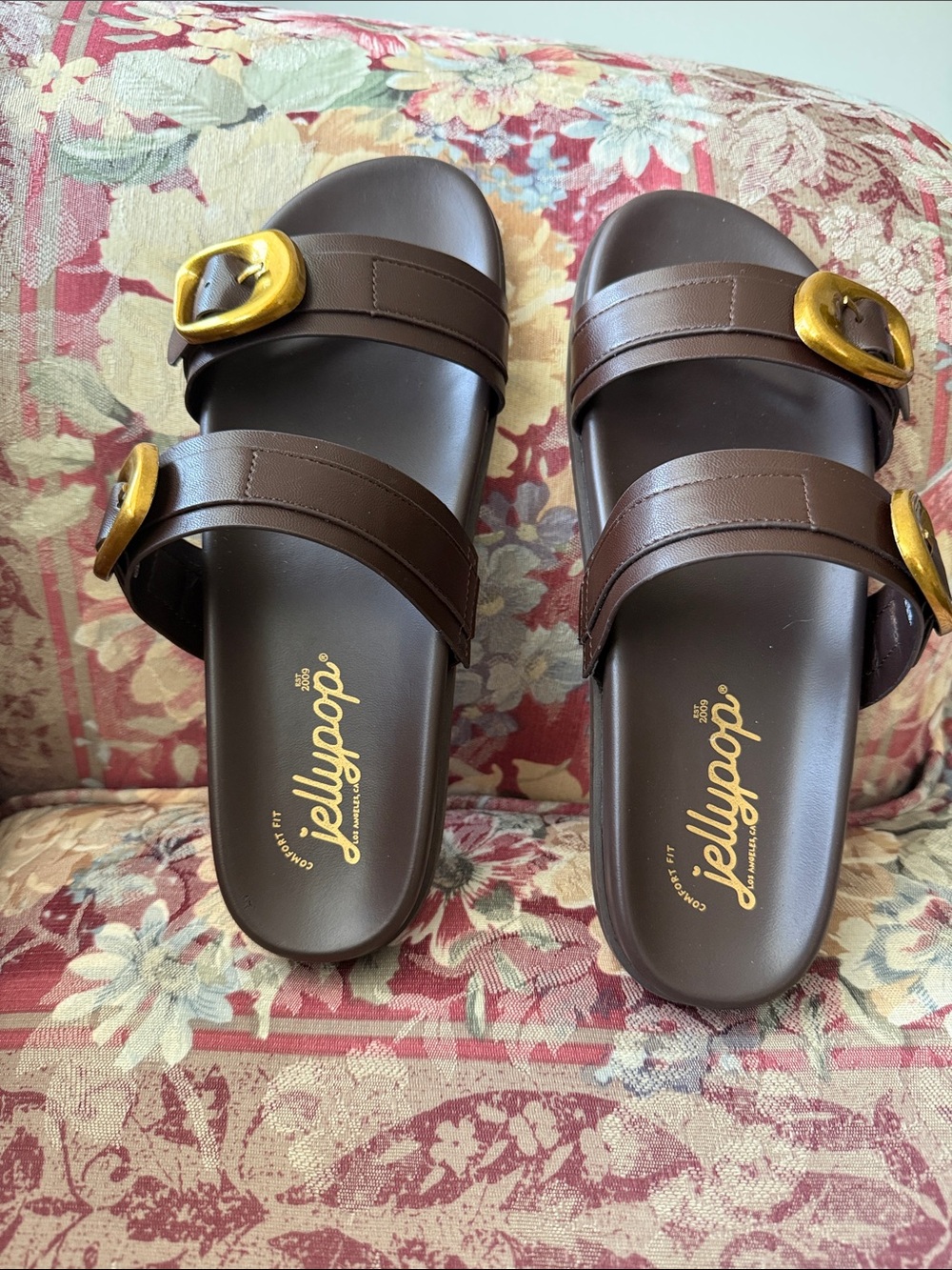 Jellypop Brown Double-Strap Slide Sandals with Gold Buckles. Brand New o